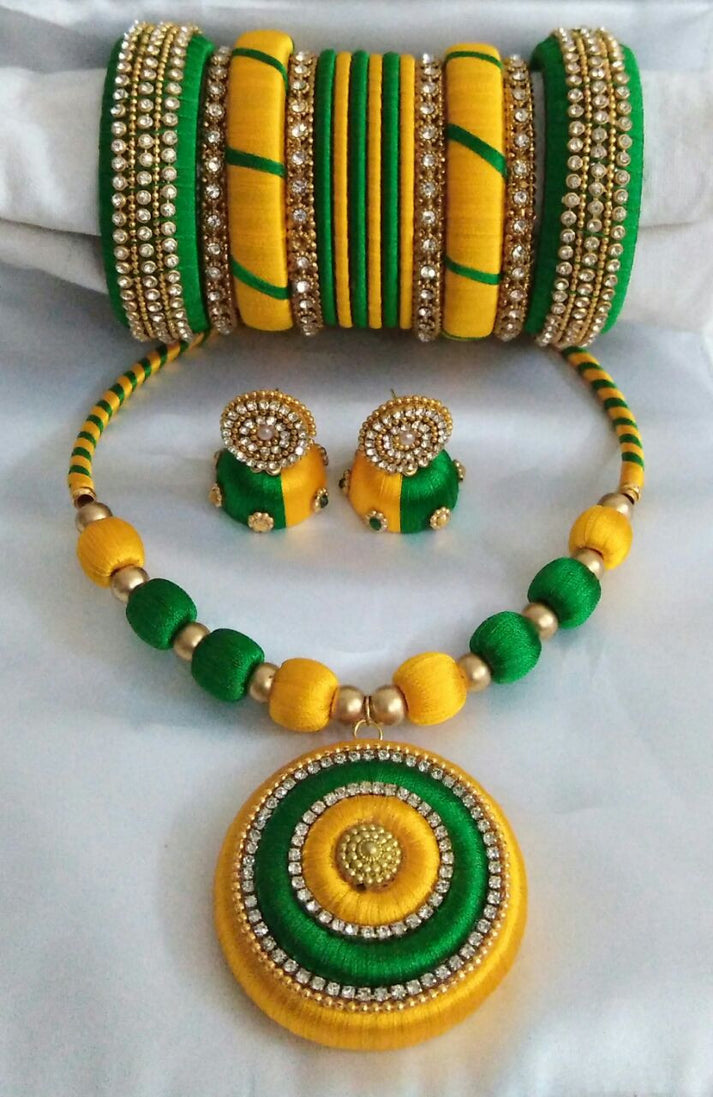 Yellow and Green Silk Thread Jewellery Set Fashionous