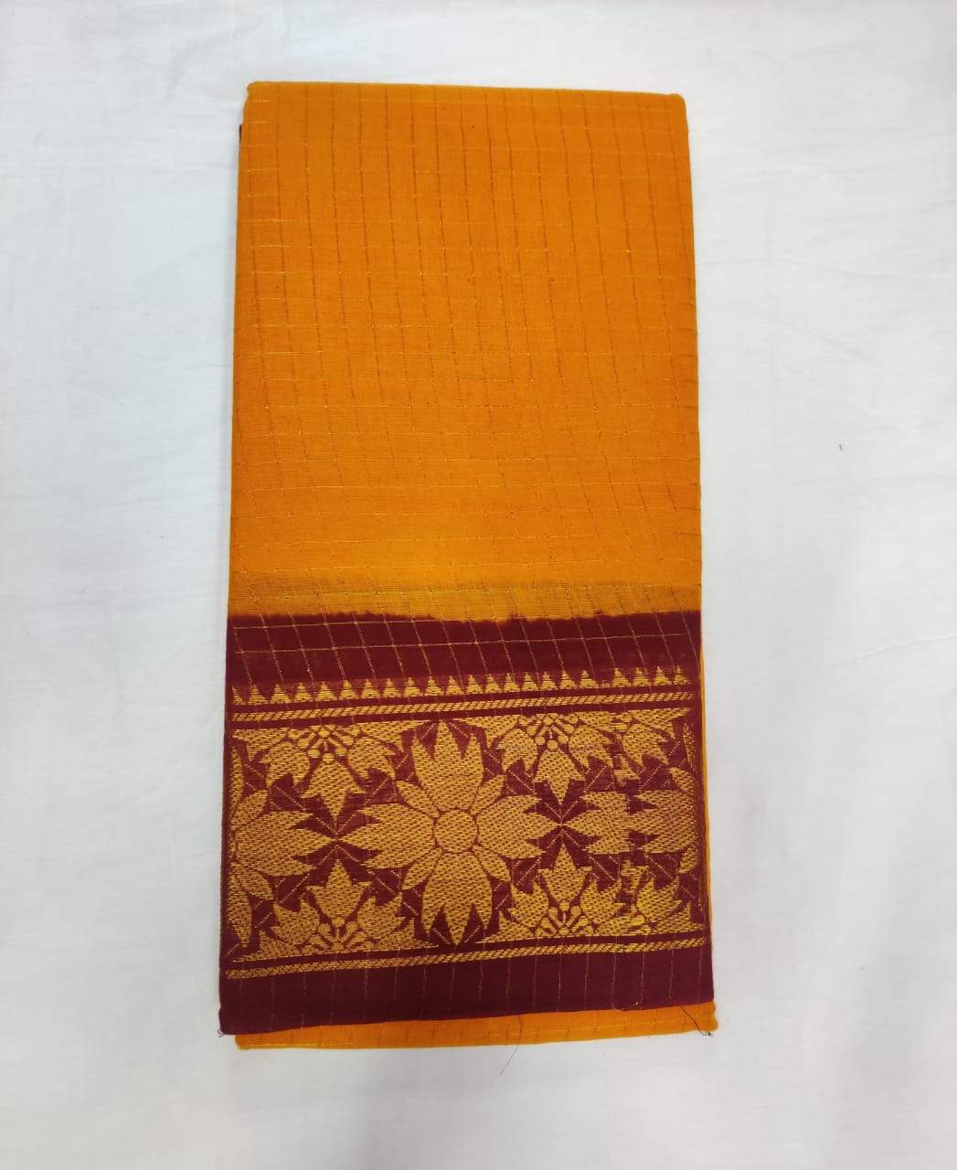 Yellow and Maroon-Madurai Sungudi Sarees - Double side Jari Border