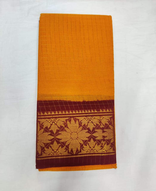 Yellow and Maroon-Madurai Sungudi Sarees - Double side Jari Border