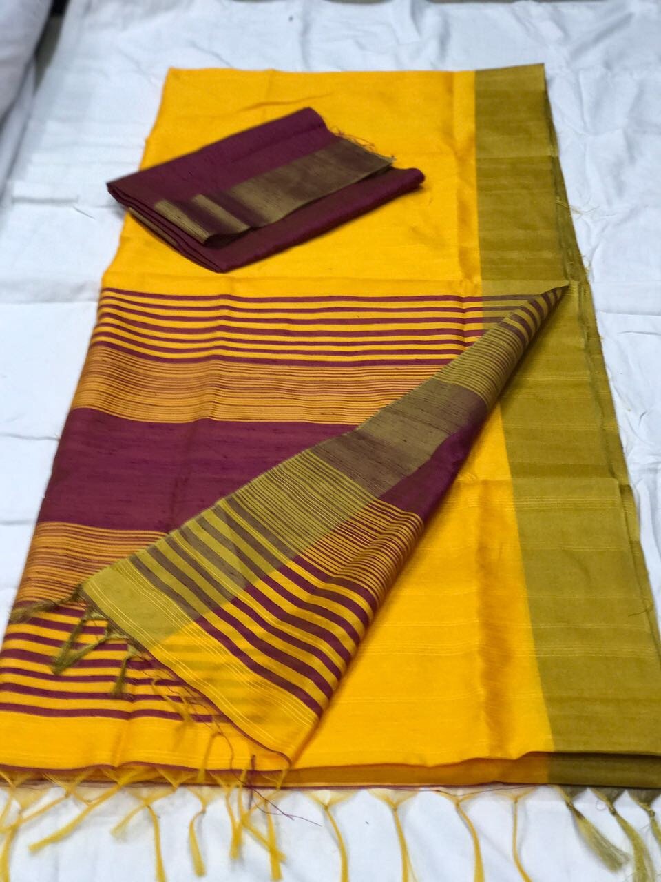 Yellow and Maroon Pallu with Tassels Banarasi Silk Saree-SRE-272 yellow coloured dailywear saree 