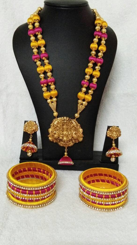 Yellow and Pink Color with Antique Pendant Silk Thread Jewellery Set