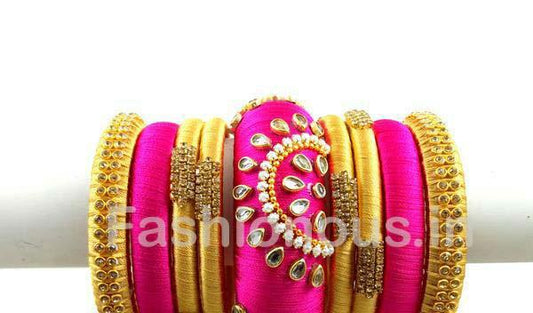 Yellow and Pink Floral Stone Worked Bangle Set-STJSW-033