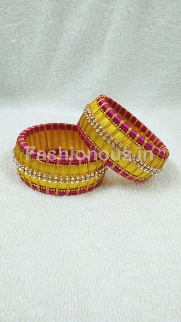 Yellow and Pink Stone Worked Silk Thread Bangle Pair-STJSW-025