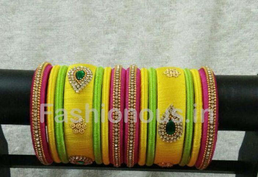 Yellow and Pink Stone Worked Silk Thread Bangle Set-STJSW-026