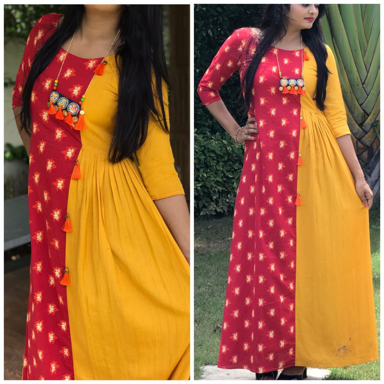 Yellow and Red American Crepe Digital Printed Long Gown-WLG-012
