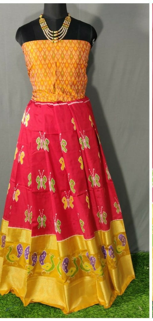Yellow and Red Ikkat Pure Silk Lehenga