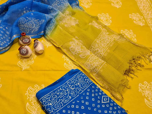 Yellow and Solid Blue Handblock Unstitched Printed Cotton Suit