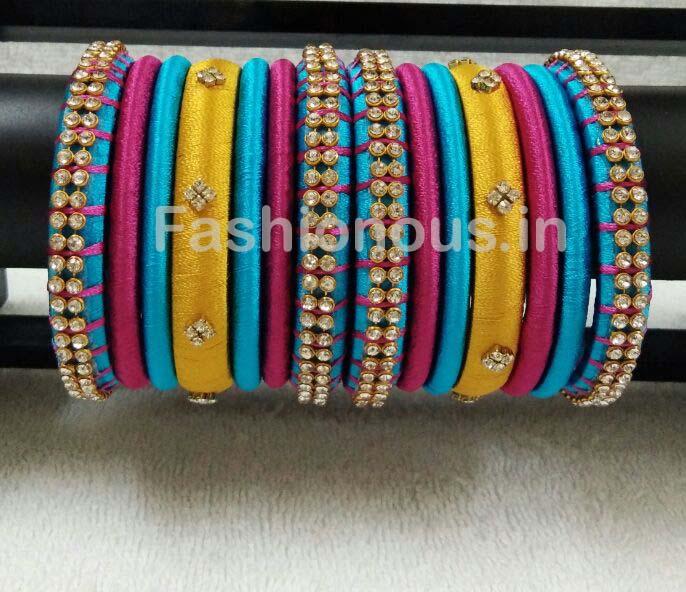 Yellow with Blue and Pink Stone Worked Silk Thread Bangle Set-STJSW-051