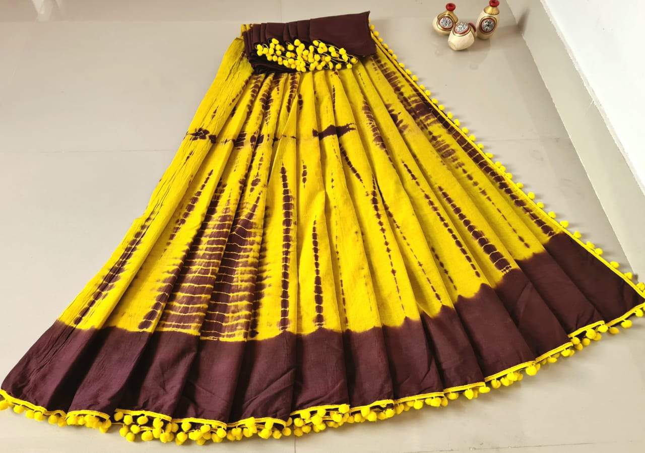 Yellow with Brown Jaipuri Cotton Saree