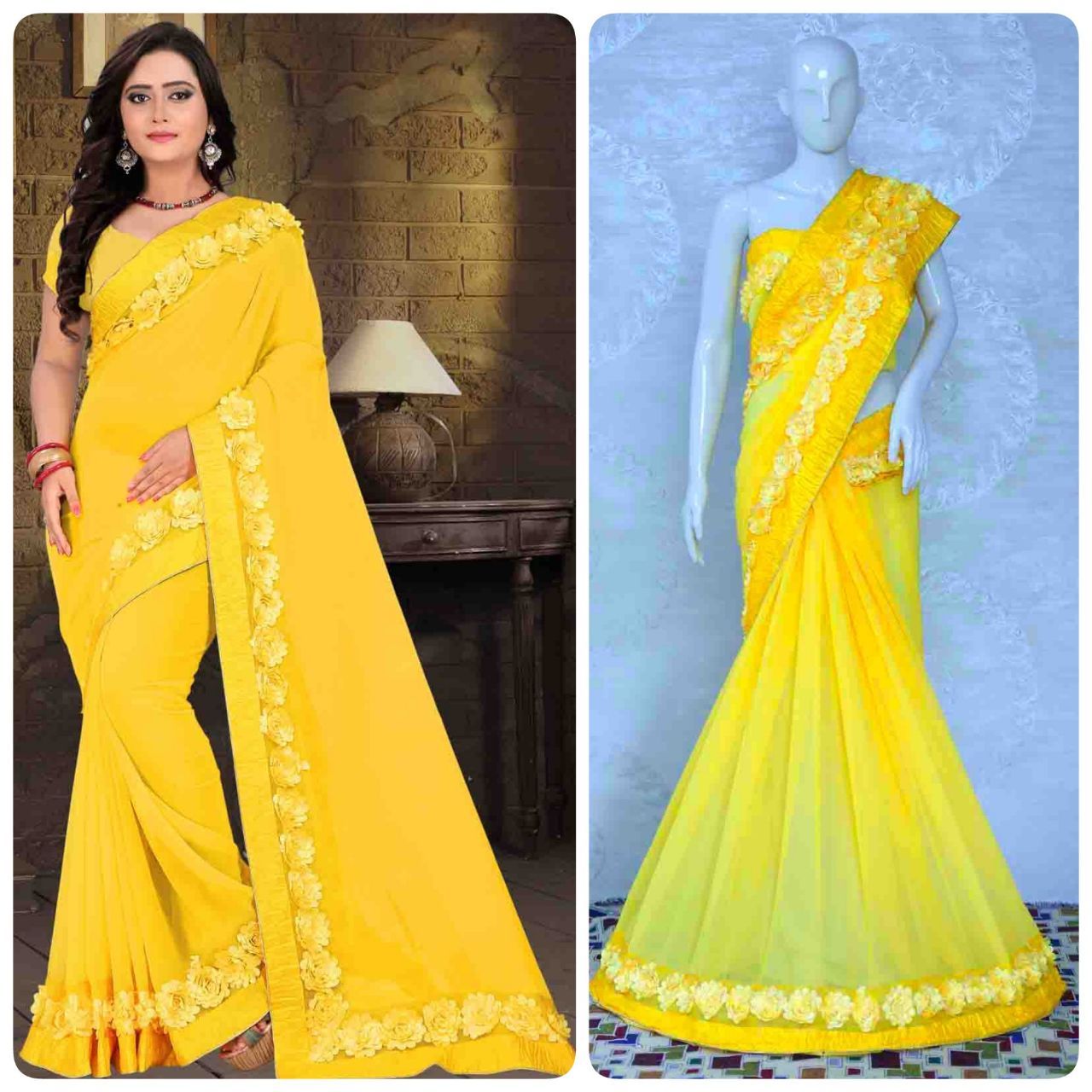 Yellow with Designer Flower Lace Georgette Saree-SRE-1272