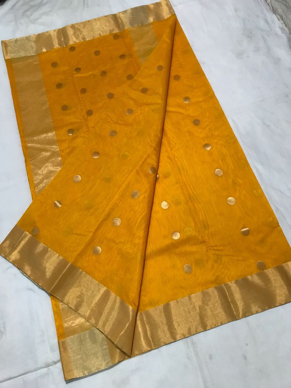 Yellow with Golden Dot Designed Zari Border Chanderi Silk Saree-CHANSRE-030