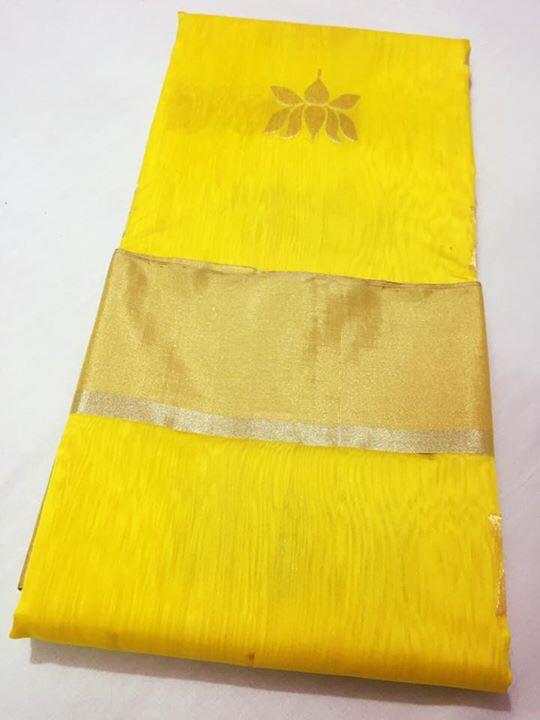 Yellow with Golden Lotus Designed Zari Border Chanderi Silk Saree-CHANSRE-018