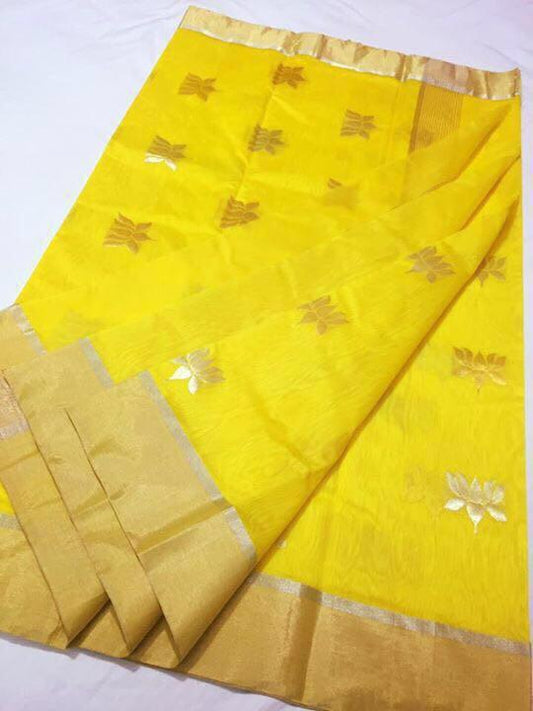 Yellow Chanderi Silk Saree With Gold Lotus Design