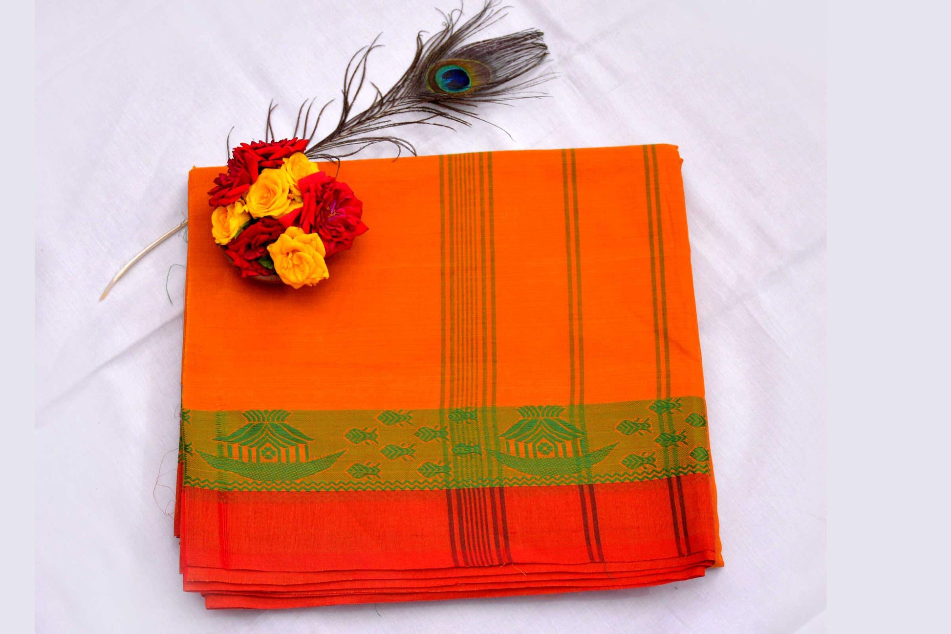 Yellow with Green Fish Designed Orange Border Handwoven Chettinad Cotton Saree-AKCHEDS-003
