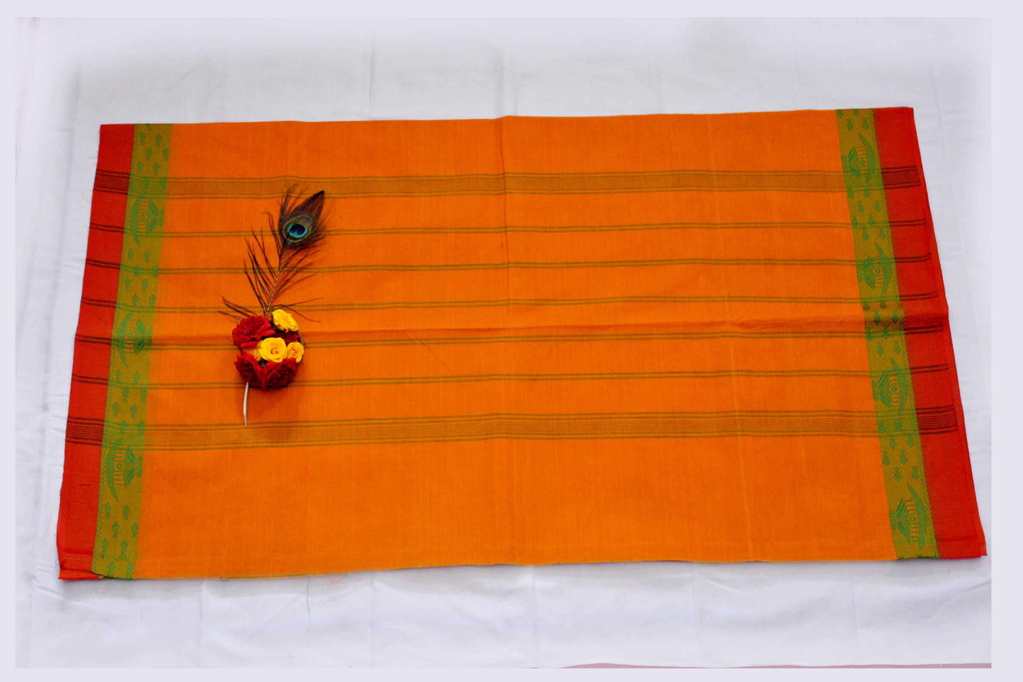 Orange and Green Fish Designed Orange Border Handwoven Chettinad Cotton Saree