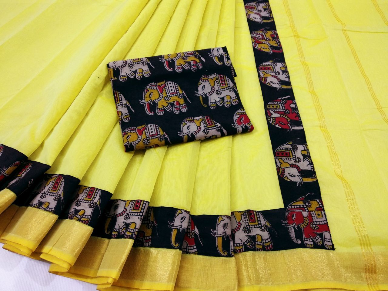 Yellow with Kalamkari Blouse Kotta Mercerized Cotton Saree-SRE-809