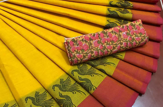 Yellow with Love Bird Border  Pure Cotton Saree CPC 009