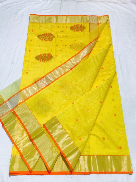 Yellow with Orange Dot Zari Border Chanderi Silk Saree-CHANSRE-021
