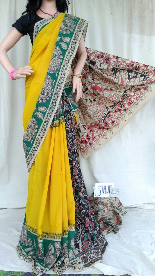 Yellow with Patil Pallu Silk Kalamkari Saree-KALAMKARI-0004
