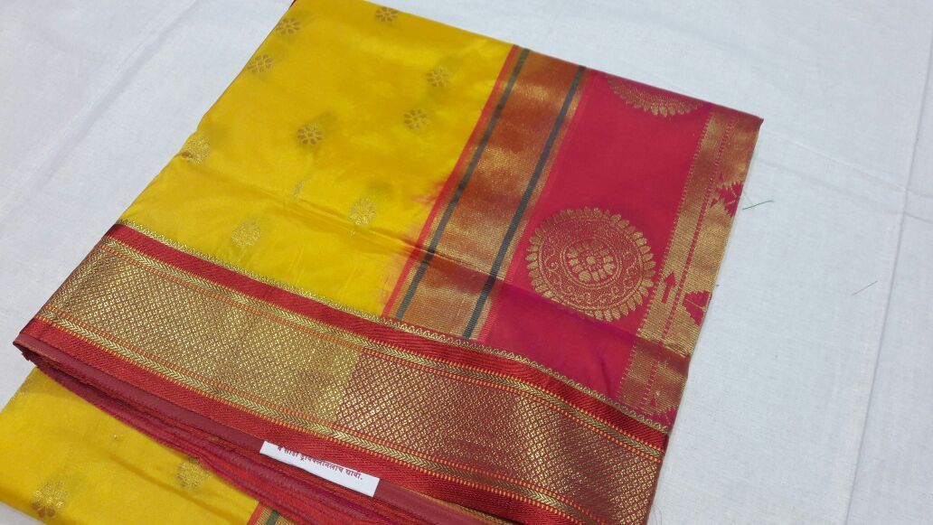 Yellow with Pecock Designed Red Pallu Paithani Saree-PAITHANI-026