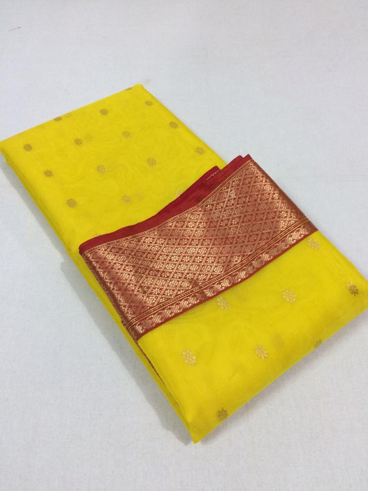 Yellow with Red Border Pure Katan Chanderi Silk Saree