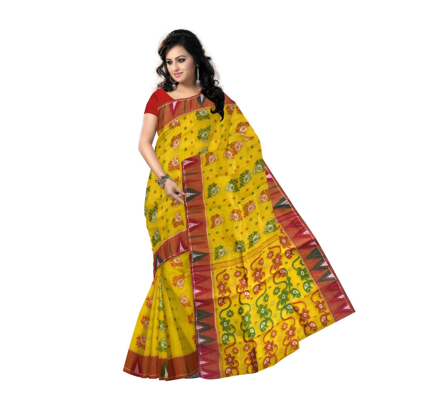 Yellow with Red Floral Handwoven Cotton Saree-OSSWB90013