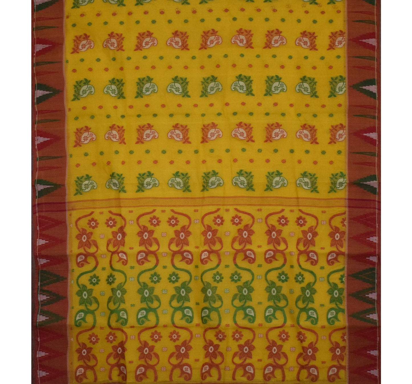 Yellow with Red Floral Handwoven Cotton Saree