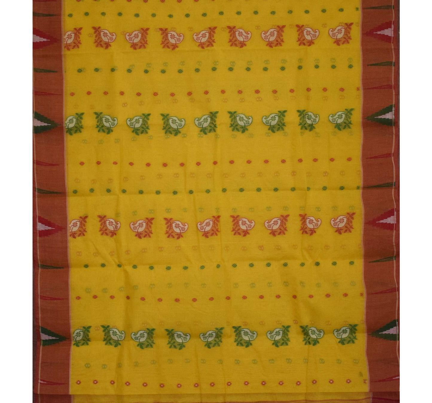 Yellow with Red Floral Handwoven Cotton Saree