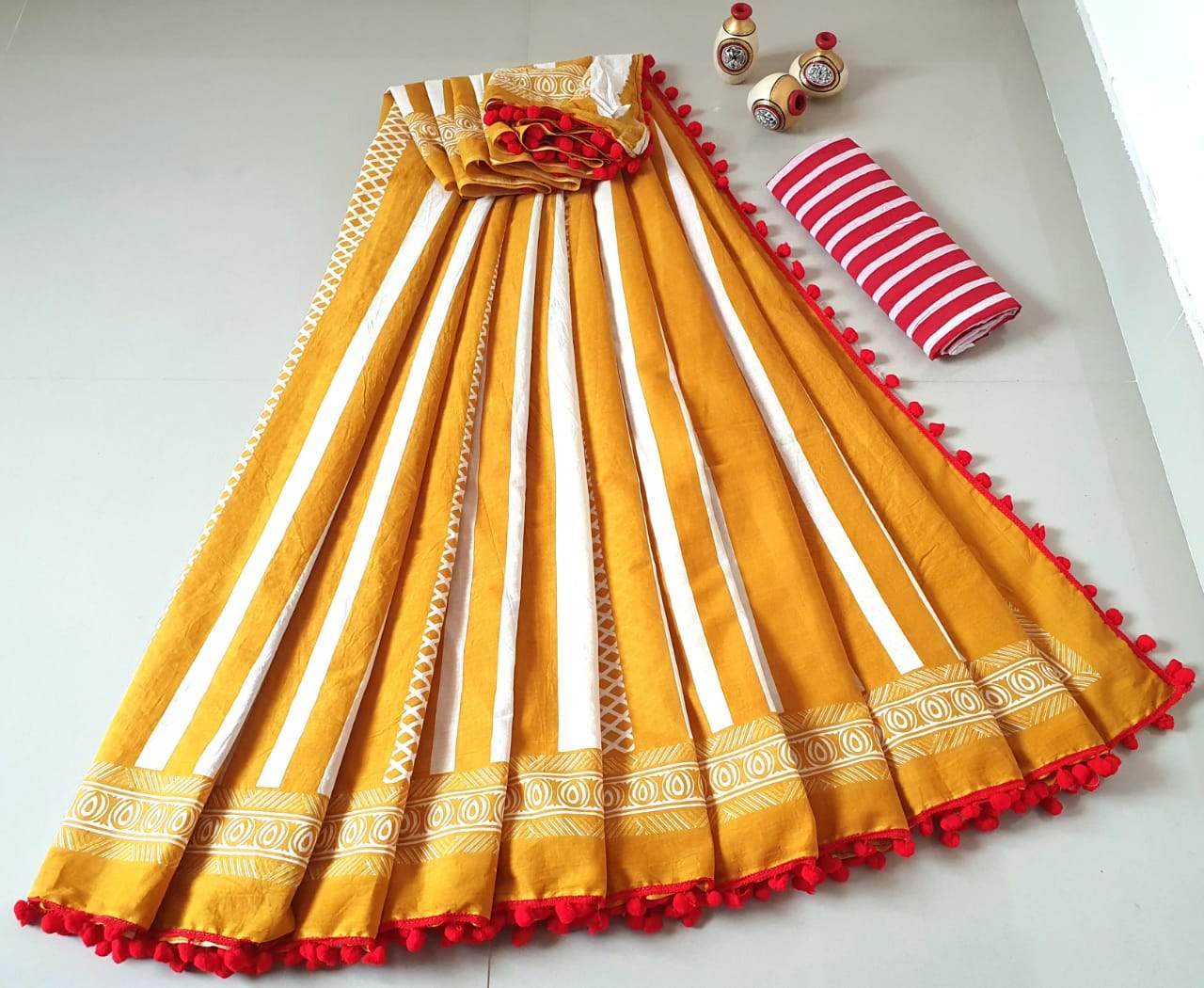 Yellow with White Stripe Jaipuri Cotton Saree