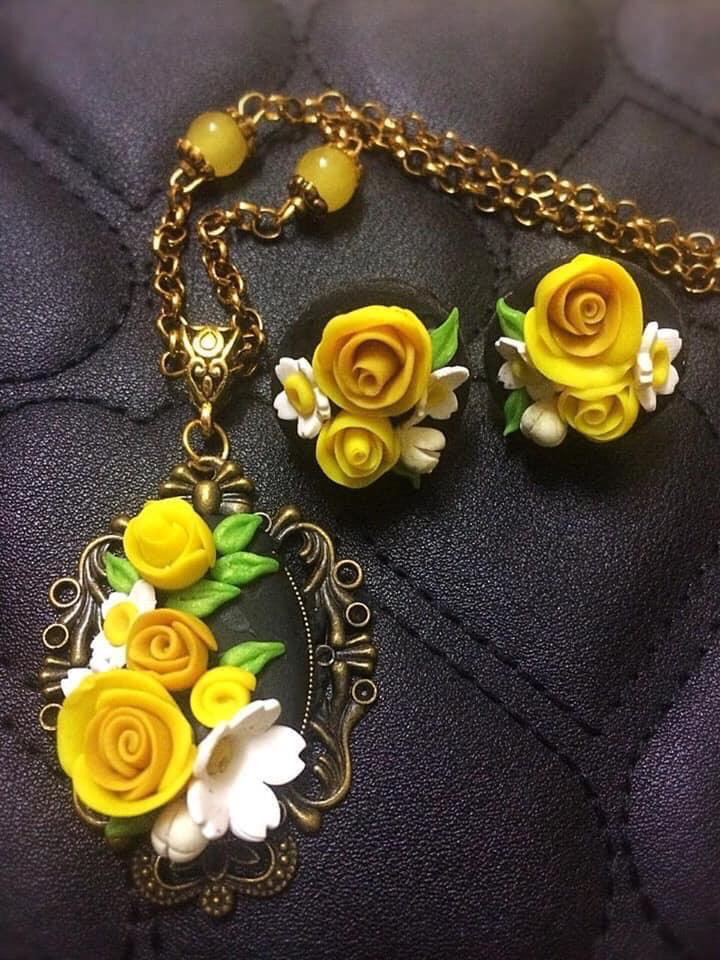 Yellow With White Sunflower Polymer Clay Pendant And Earrings
