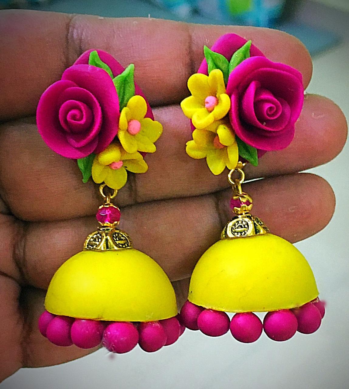 Yellow With Pink Floral Polymer Clay Jhumka