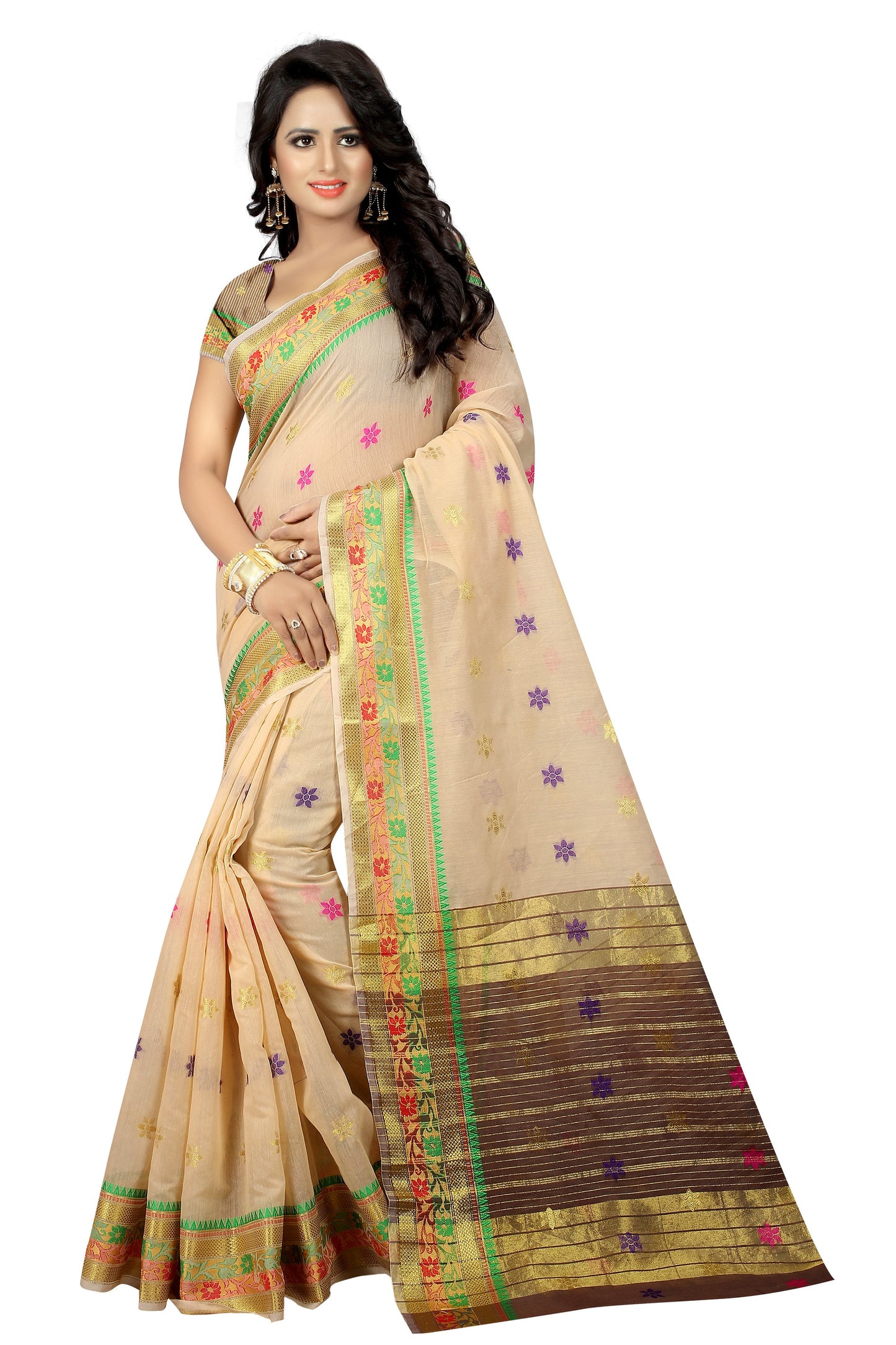 Zalak Cream Banarasi Jacquard Silk Saree-SRP-JS-11 light brown coloured party saree