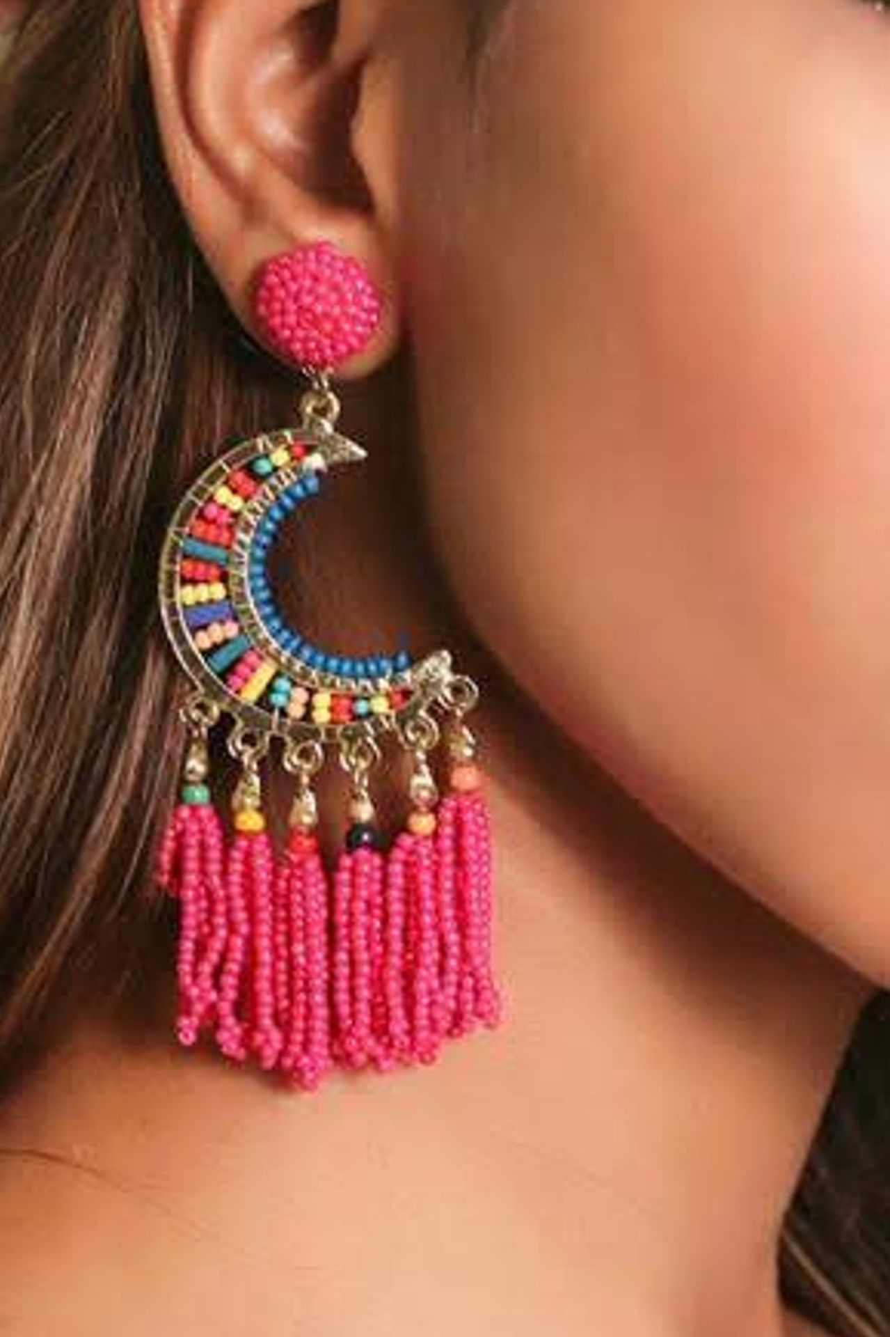 Half Hoop Pink beaded Earrings for Women