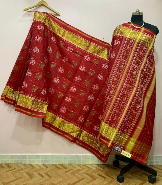 Red Bird and Elephant Motif  Designed Patola Silk Saree-PPSRE-022