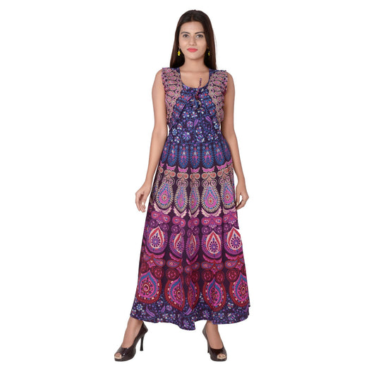 Jaipuri Printed Cotton Women's Maxi Long Dress with Attached Jacket