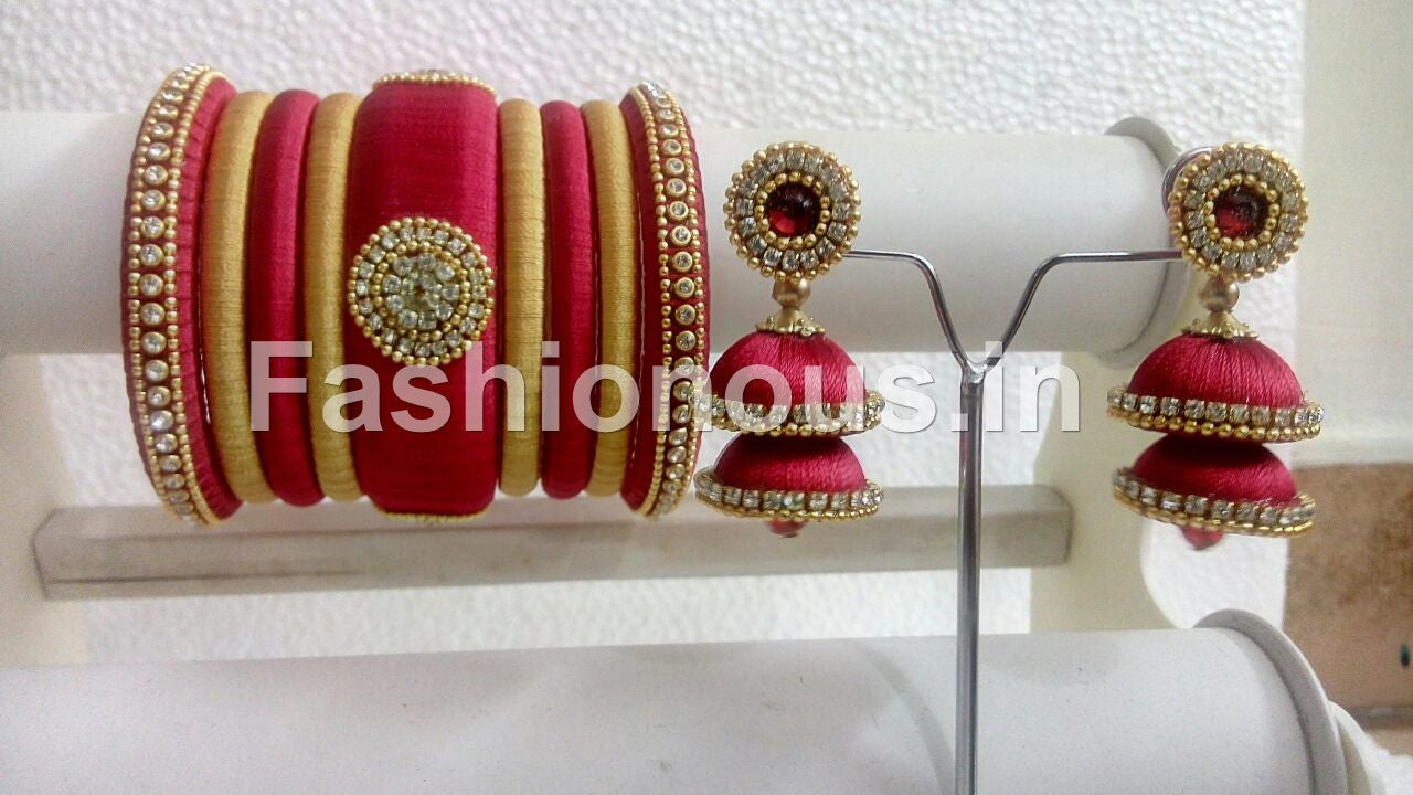 Red with Gold Silk Thread Bangles and Jhumkas