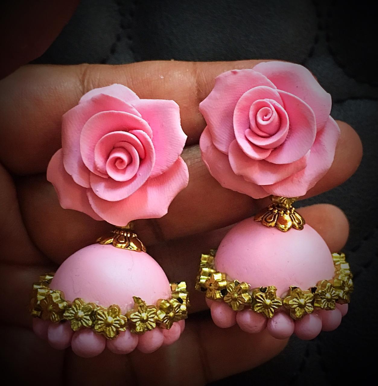 Blush Pink With Golden Polymer Clay Jhumkas