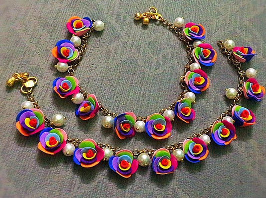 Colorful Flower Polymer Clay Pendant With Semi Precious Beads
