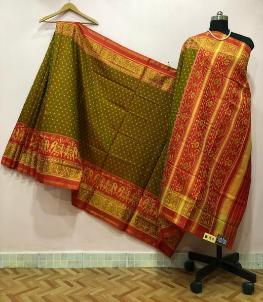 Olive Green with Dots and Elephant Border Patola Silk Saree-PPSRE-037