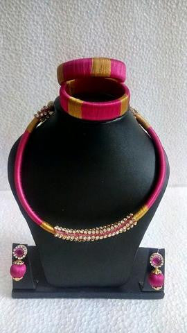 Pink and Gold Silk Thread Jewellery Set