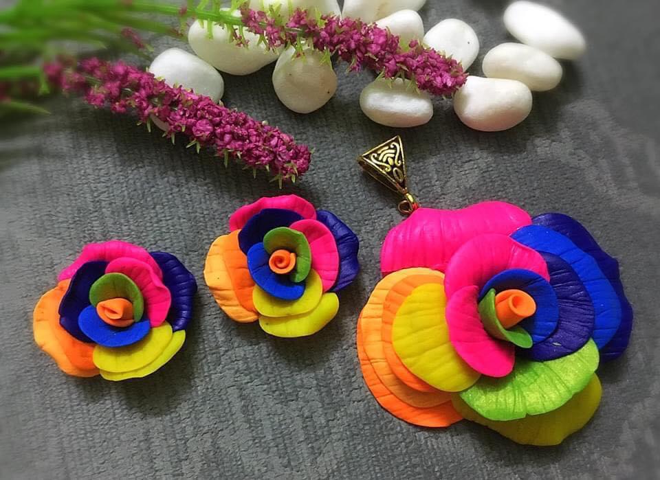 Multi Color Sunflower Hoops Polymer Clay Pendant And Earrings
