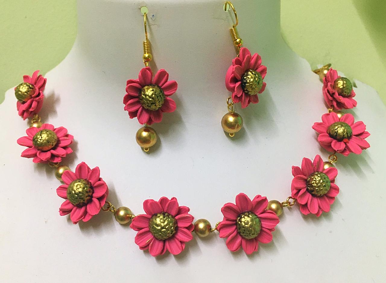 Pink With Mustard Floral Polymer Clay Necklace With Semi Precious Beads And Earrings