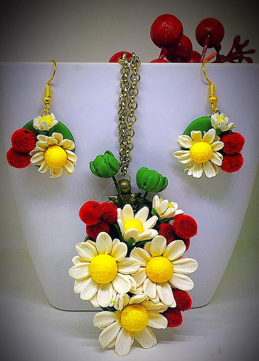 White With Yellow Red Floral Polymer Clay Pendant And Earrings