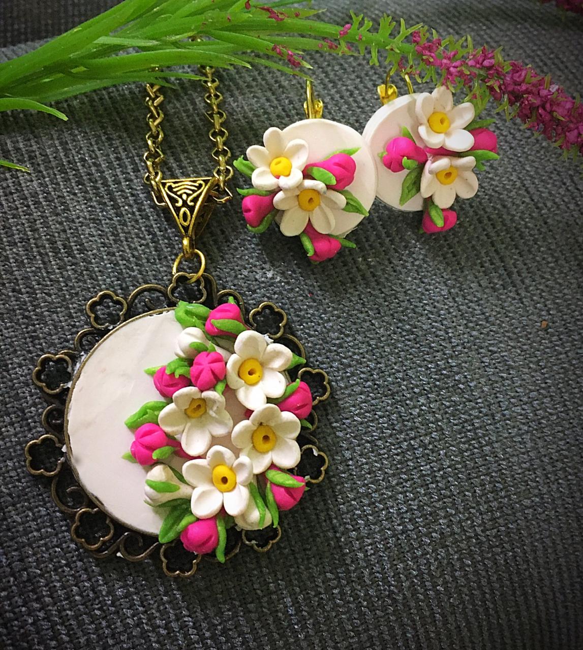 Cream White With Pink Floral Polymer Clay Pendant And Earrings